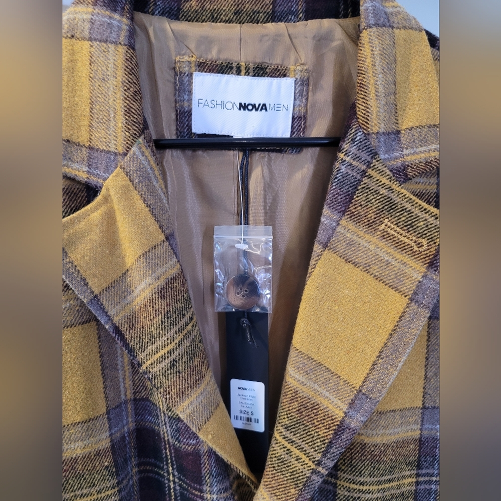 Plaid Yellow and Black Men's Coat - Picture 2 of 6